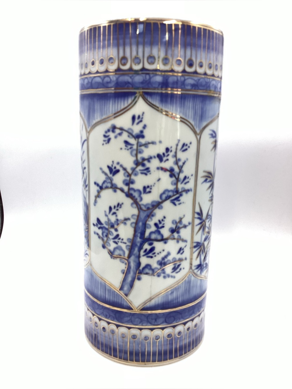 Vintage Chinese Blue, White and Gold Hand Painted Brush Pot